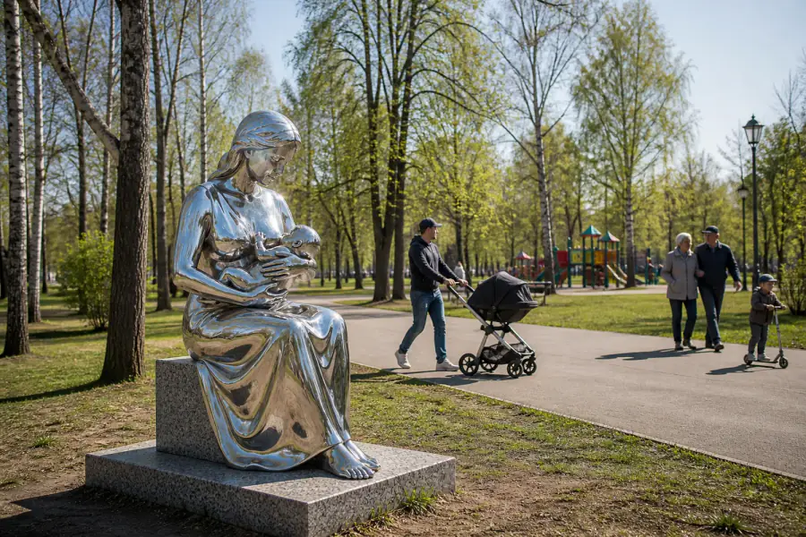 Зеркальная фигуративная скульптура из нержавеющей стали целиком в благоустроенном городском парке